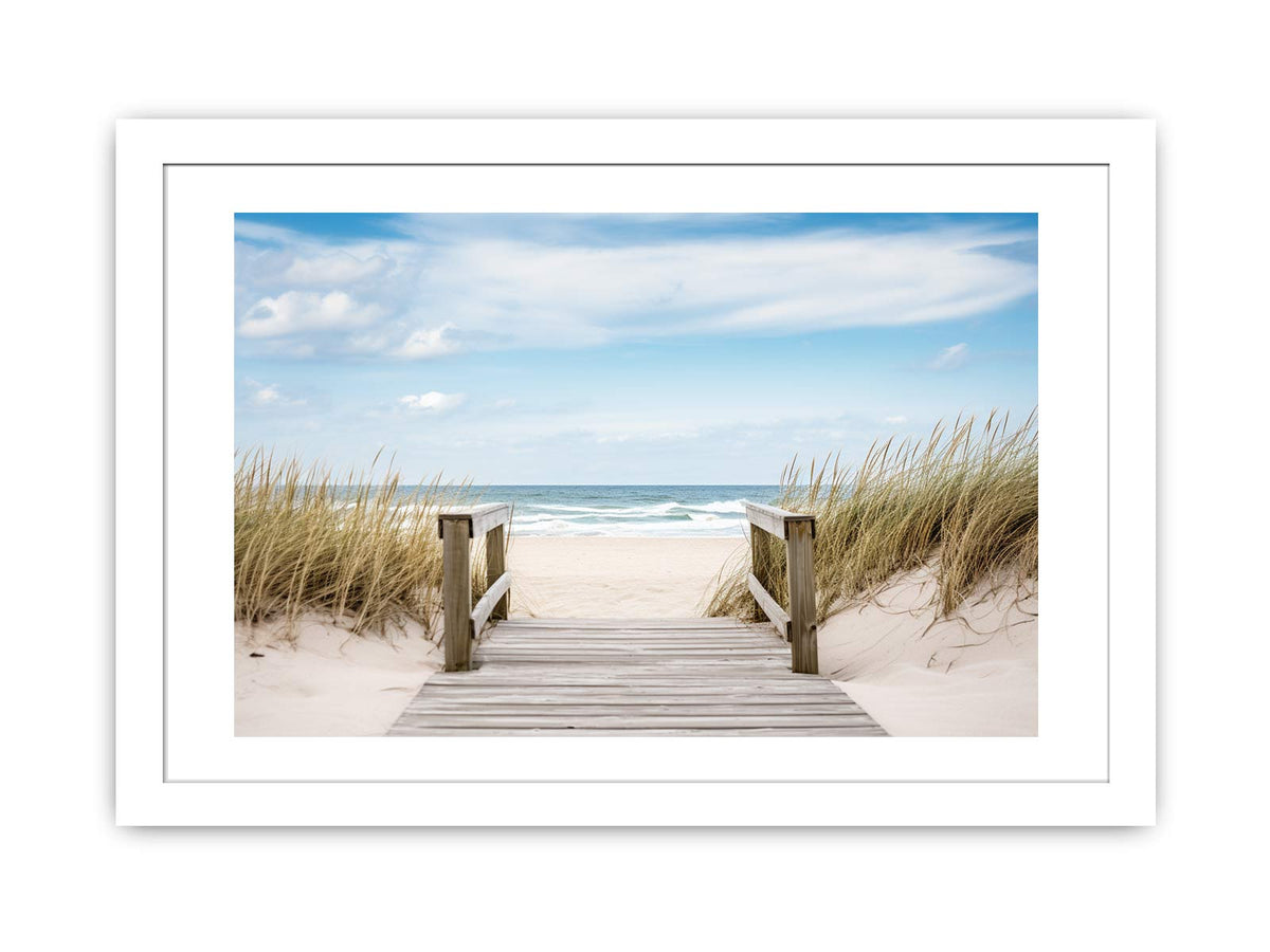 Coastal beach path canvas art with ocean dunes for calm modern living room decor.