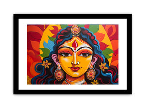 Colorful goddess portrait wall art for bold modern living room decor.