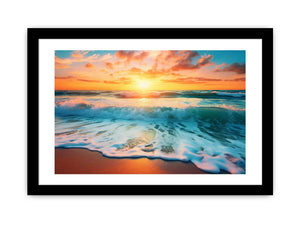 Sunset ocean wave canvas print for coastal living room decor.
