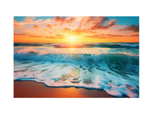 Sunset ocean wave canvas print for coastal living room decor.
