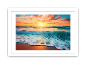 Sunset ocean wave canvas print for coastal living room decor.