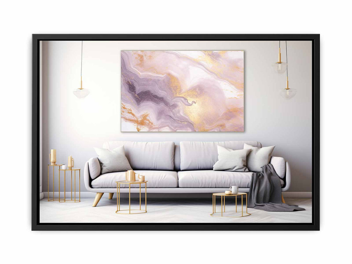 Lavender gold abstract wall art styled above a modern sofa.