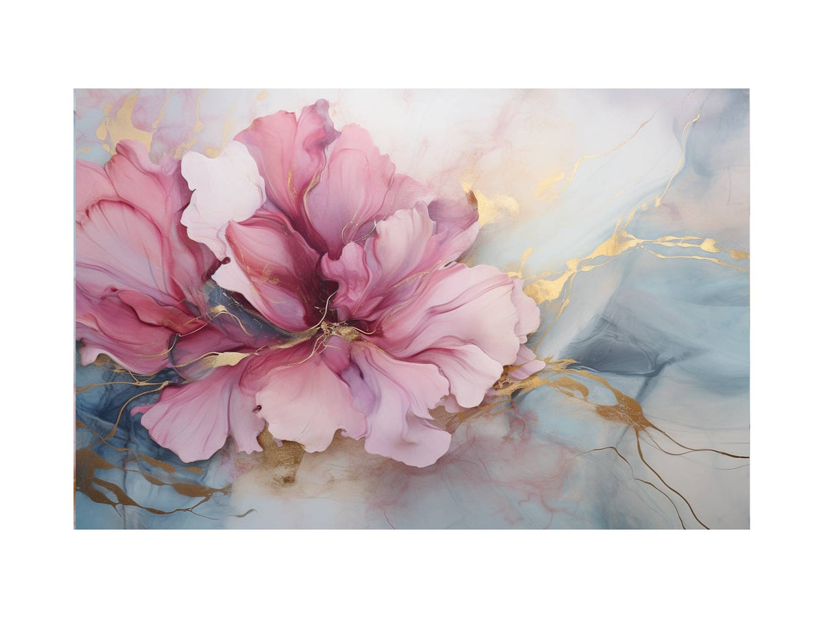 Rose pink floral canvas print with gold accents for modern bedroom decor.