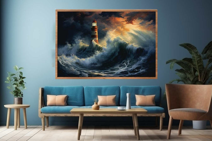 Lighthouse In Storm Painting Art Print