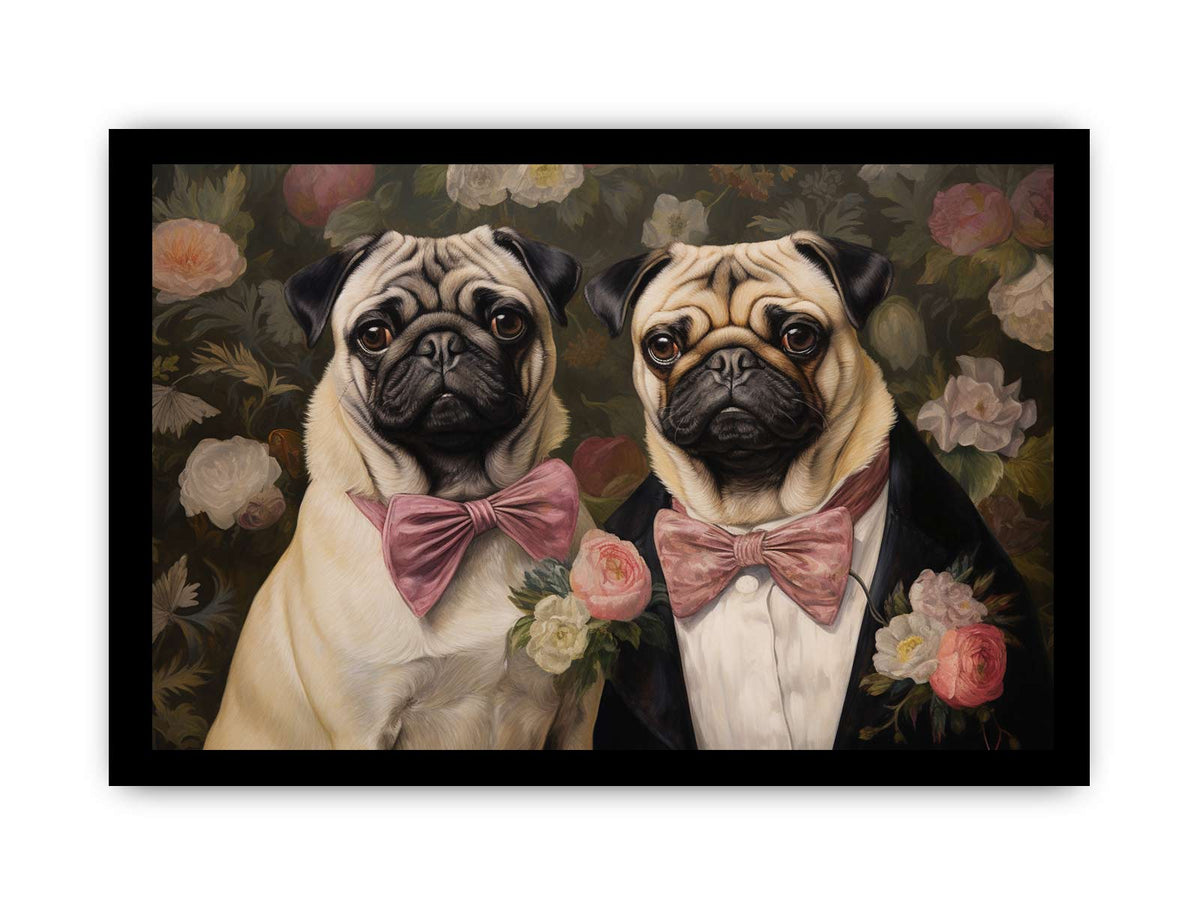 Two pug dogs with pink bows in floral vintage canvas art for cozy home decor.