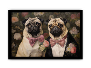 Two pug dogs with pink bows in floral vintage canvas art for cozy home decor.