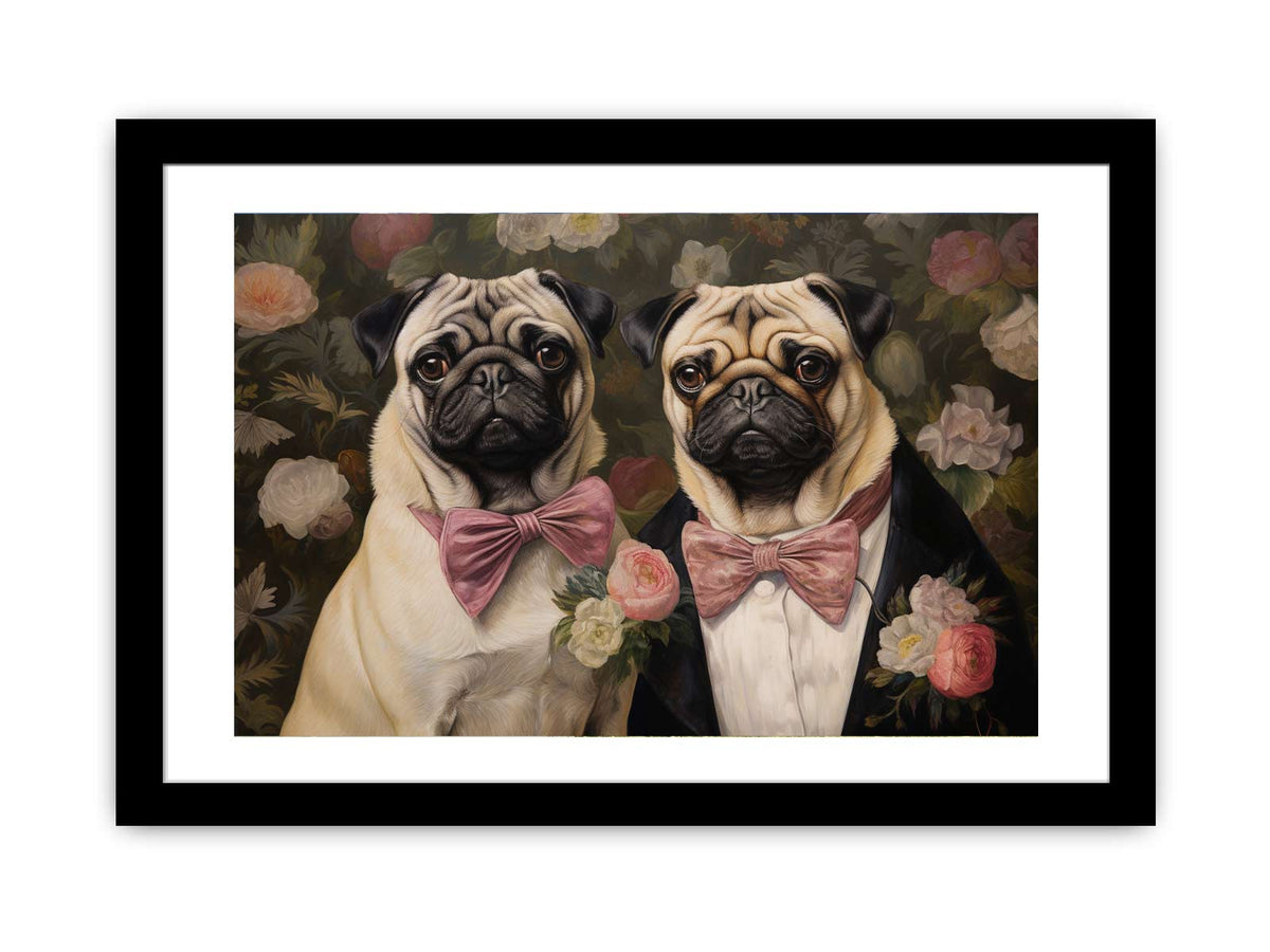 Two pug dogs with pink bows in floral vintage canvas art for cozy home decor.