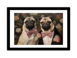 Two pug dogs with pink bows in floral vintage canvas art for cozy home decor.