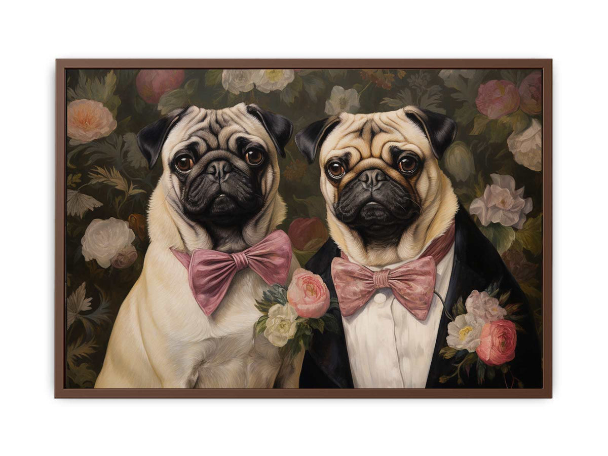 Two pug dogs with pink bows in floral vintage canvas art for cozy home decor.