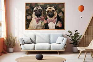 Two pug dogs with pink bows in floral vintage canvas art for cozy home decor.