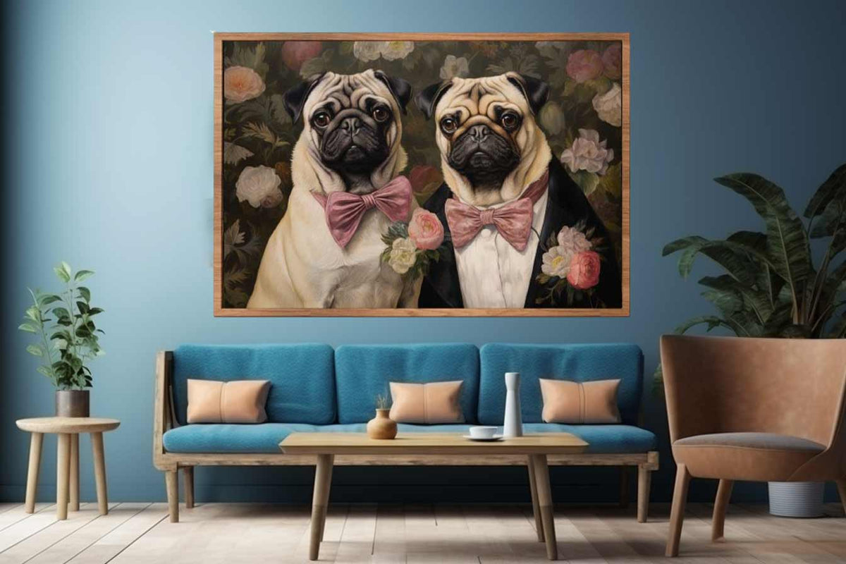 Two pug dogs with pink bows in floral vintage canvas art for cozy home decor.