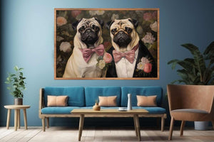 Two pug dogs with pink bows in floral vintage canvas art for cozy home decor.