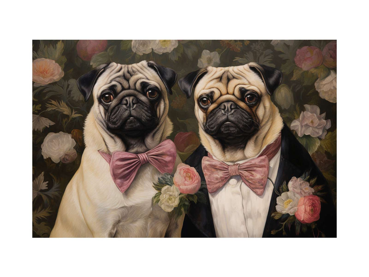 Two pug dogs with pink bows in floral vintage canvas art for cozy home decor.