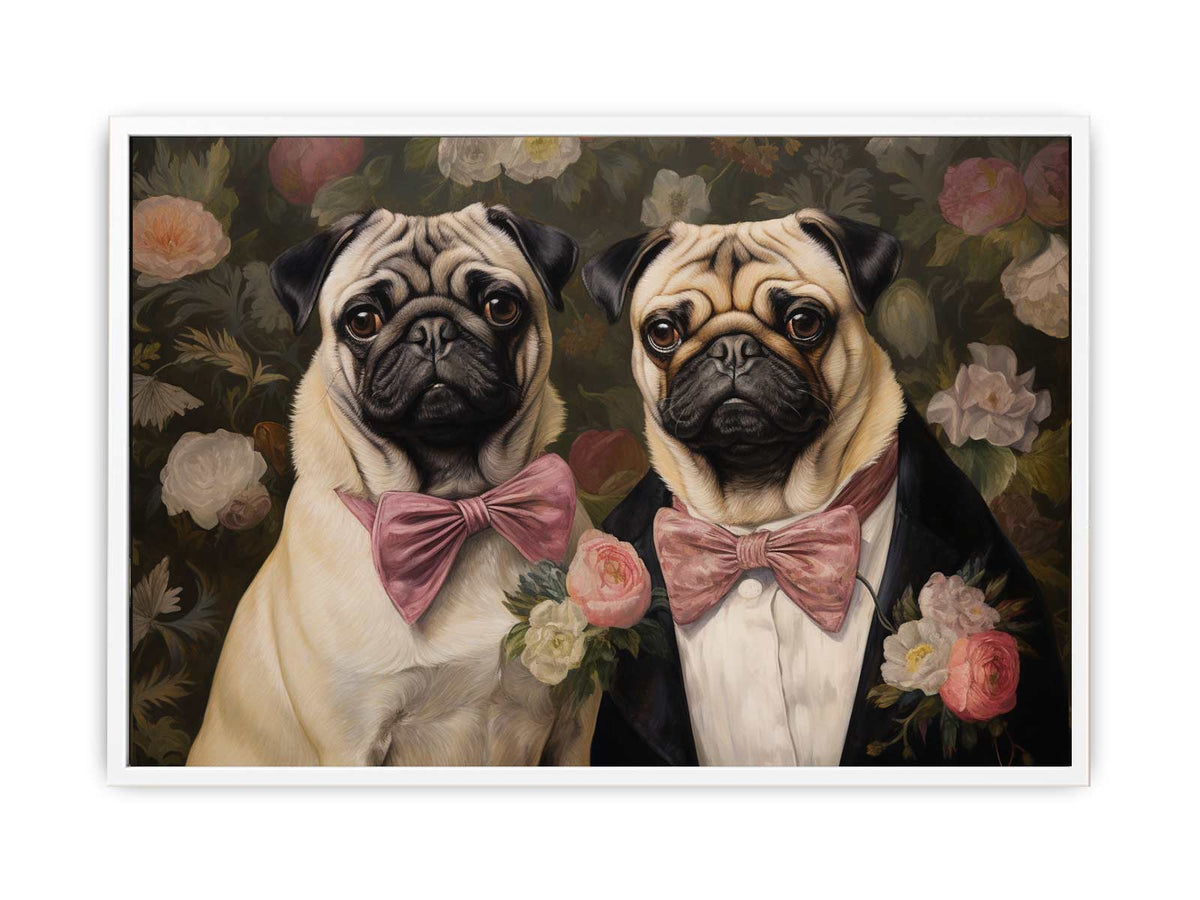 Two pug dogs with pink bows in floral vintage canvas art for cozy home decor.