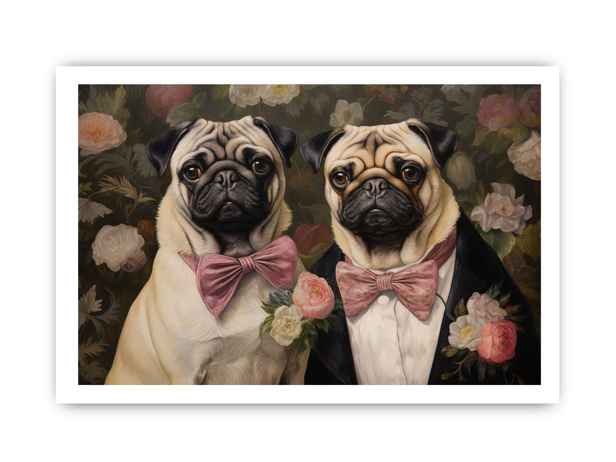 Two pug dogs with pink bows in floral vintage canvas art for cozy home decor.
