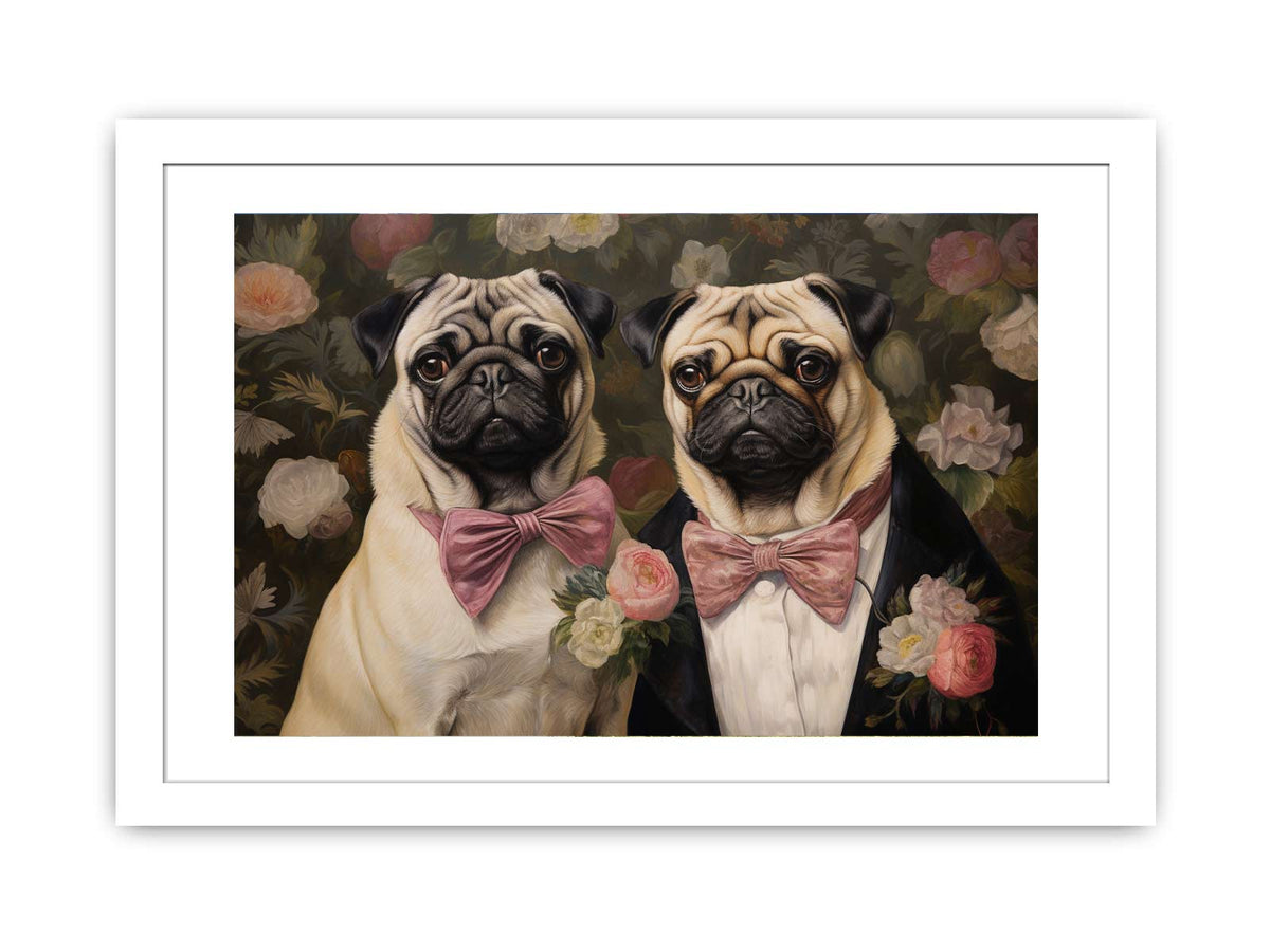 Two pug dogs with pink bows in floral vintage canvas art for cozy home decor.