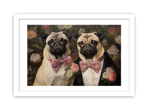 Two pug dogs with pink bows in floral vintage canvas art for cozy home decor.