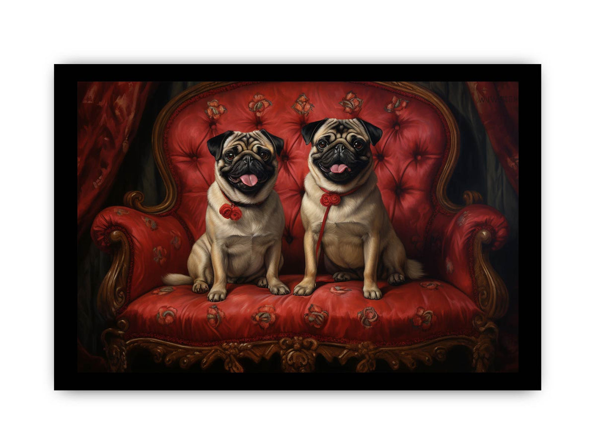 Two happy pugs on a red vintage sofa canvas art for playful living room decor.