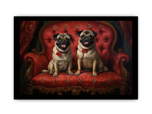Two happy pugs on a red vintage sofa canvas art for playful living room decor.