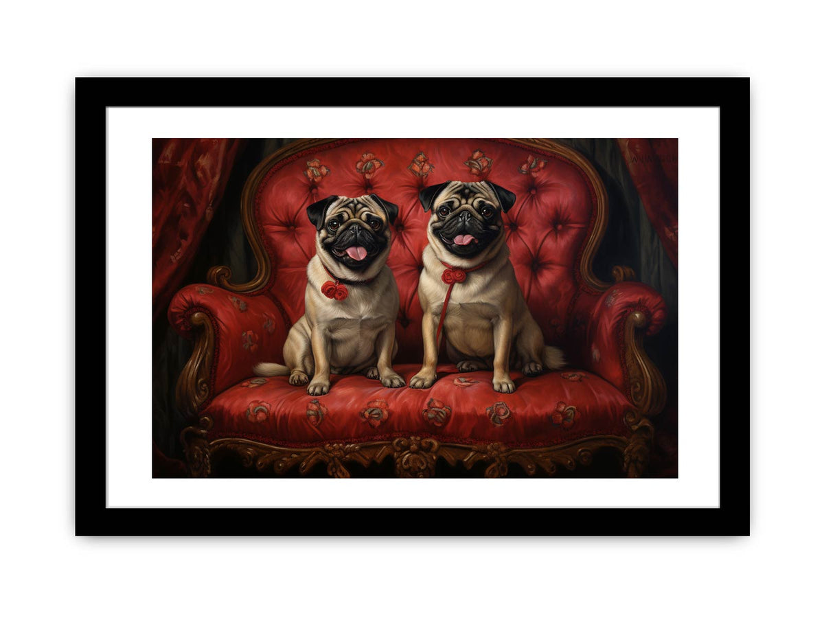Two happy pugs on a red vintage sofa canvas art for playful living room decor.