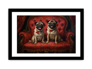 Two happy pugs on a red vintage sofa canvas art for playful living room decor.