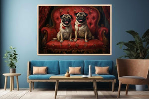 Two happy pugs on a red vintage sofa canvas art for playful living room decor.