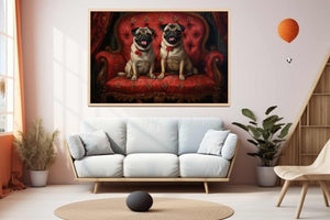 Two happy pugs on a red vintage sofa canvas art for playful living room decor.