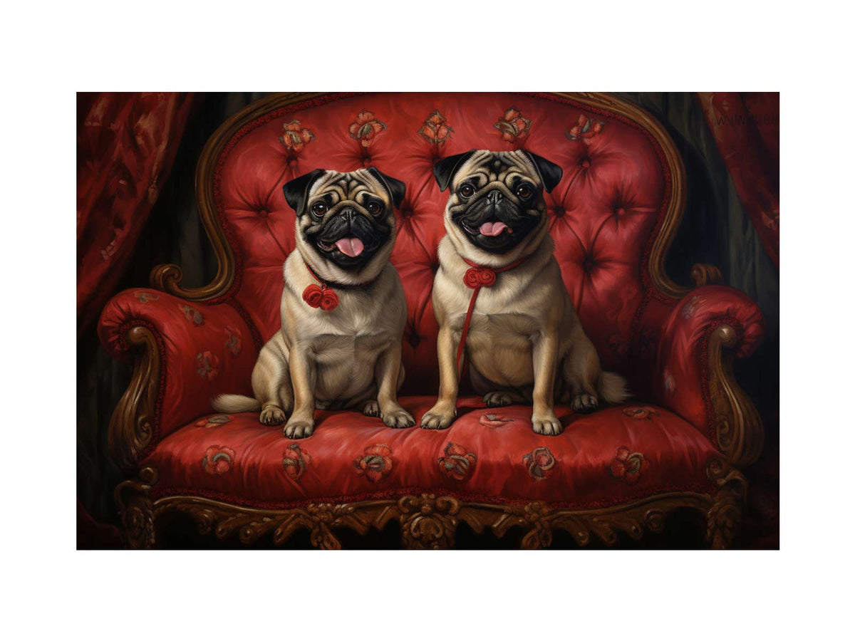 Two happy pugs on a red vintage sofa canvas art for playful living room decor.