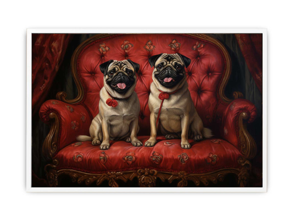 Two happy pugs on a red vintage sofa canvas art for playful living room decor.