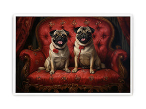 Two happy pugs on a red vintage sofa canvas art for playful living room decor.