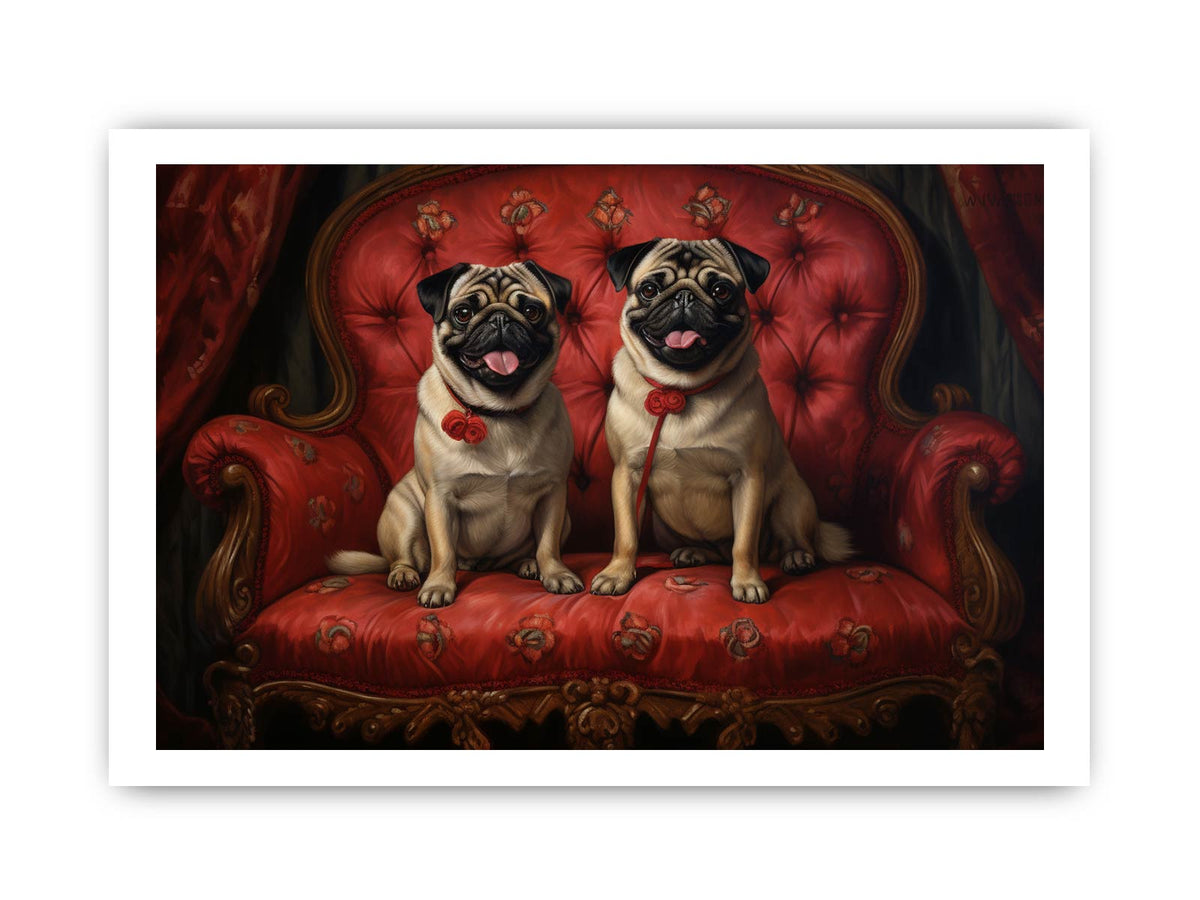 Two happy pugs on a red vintage sofa canvas art for playful living room decor.