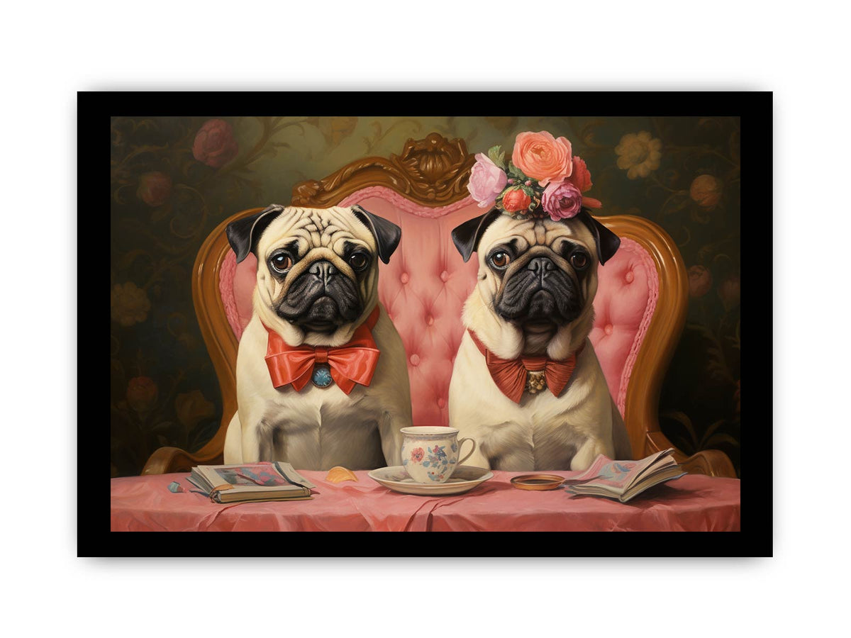Two pugs at tea table with floral vintage details for charming kitchen or dining decor.