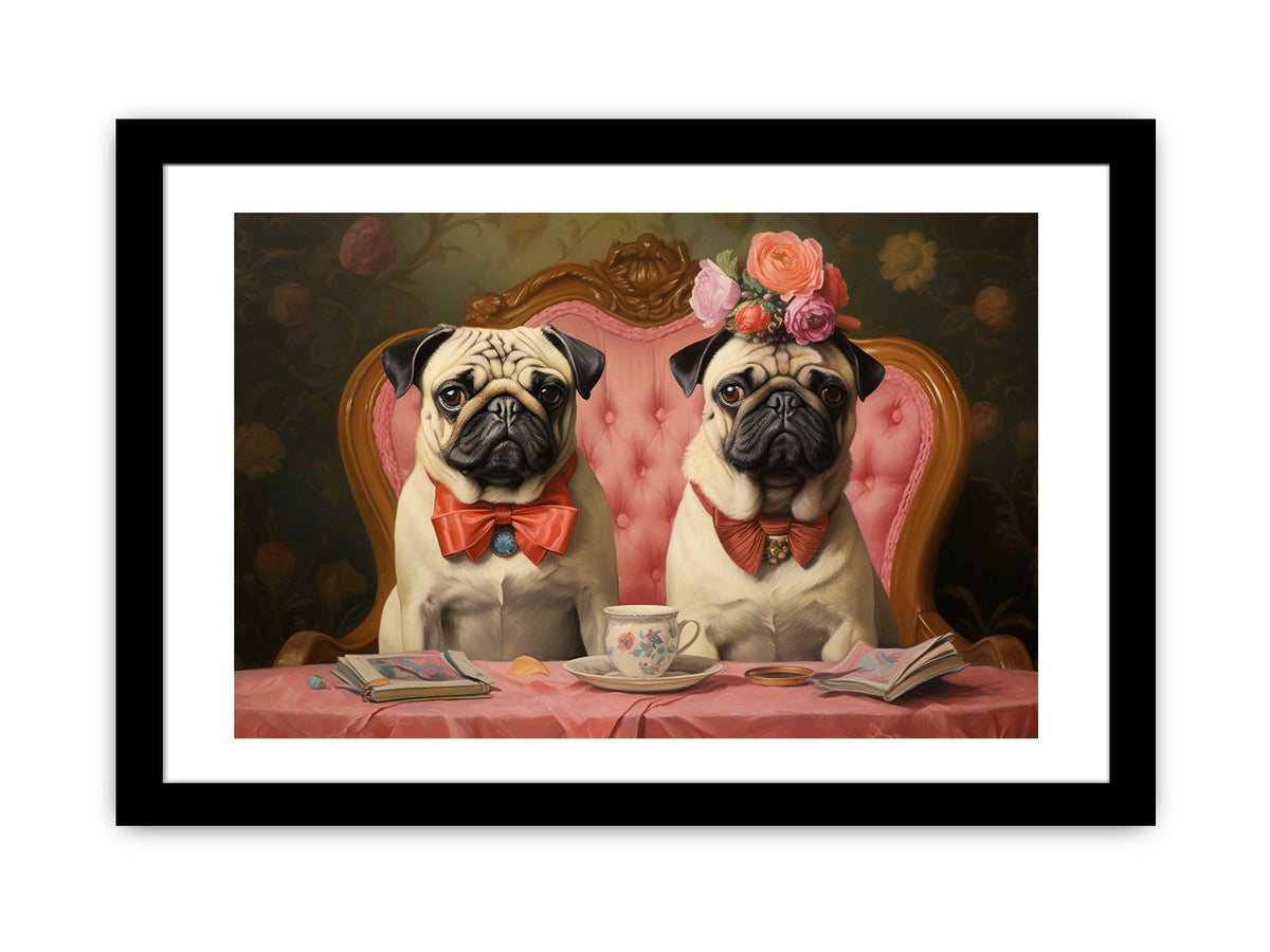 Two pugs at tea table with floral vintage details for charming kitchen or dining decor.