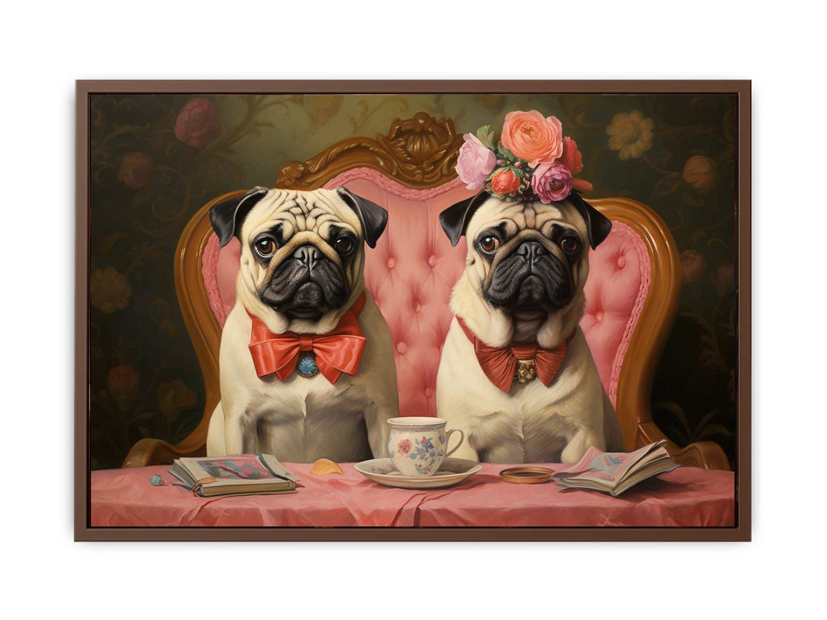 Two pugs at tea table with floral vintage details for charming kitchen or dining decor.