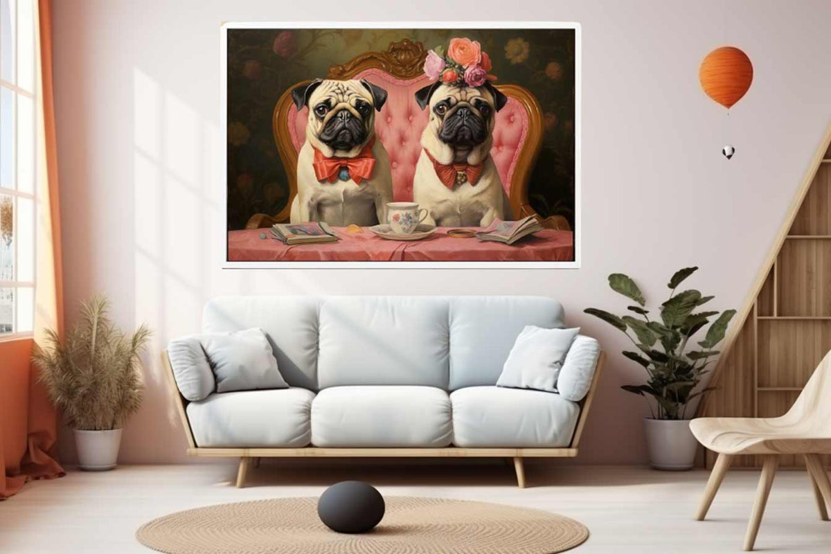 Two pugs at tea table with floral vintage details for charming kitchen or dining decor.