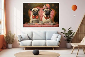 Two pugs at tea table with floral vintage details for charming kitchen or dining decor.
