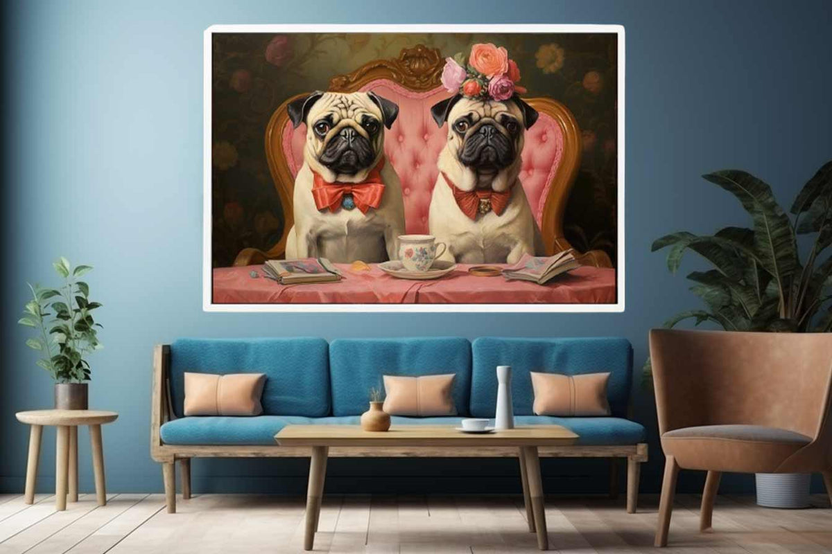 Two pugs at tea table with floral vintage details for charming kitchen or dining decor.