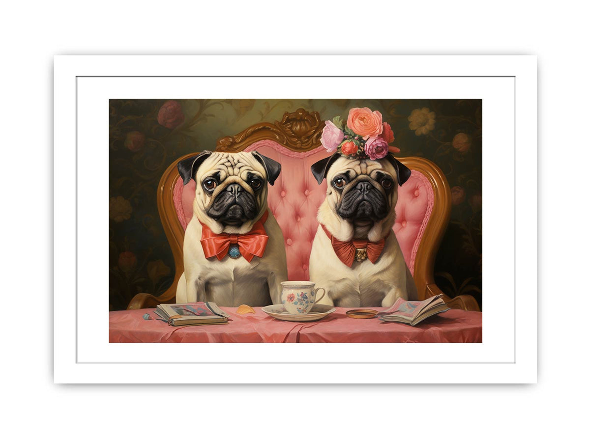 Two pugs at tea table with floral vintage details for charming kitchen or dining decor.