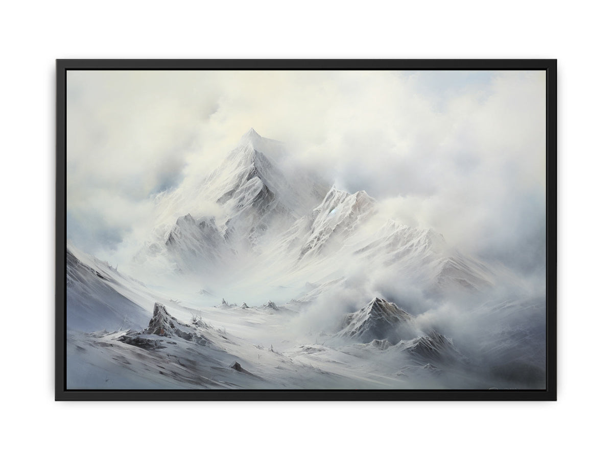 Misty white mountain canvas art for serene modern living room or bedroom decor.