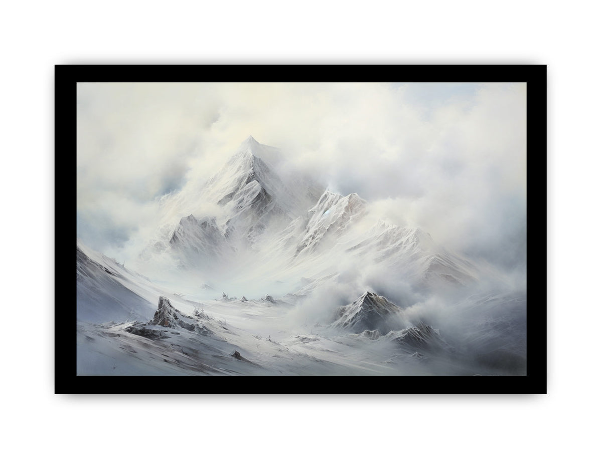 Misty white mountain canvas art for serene modern living room or bedroom decor.