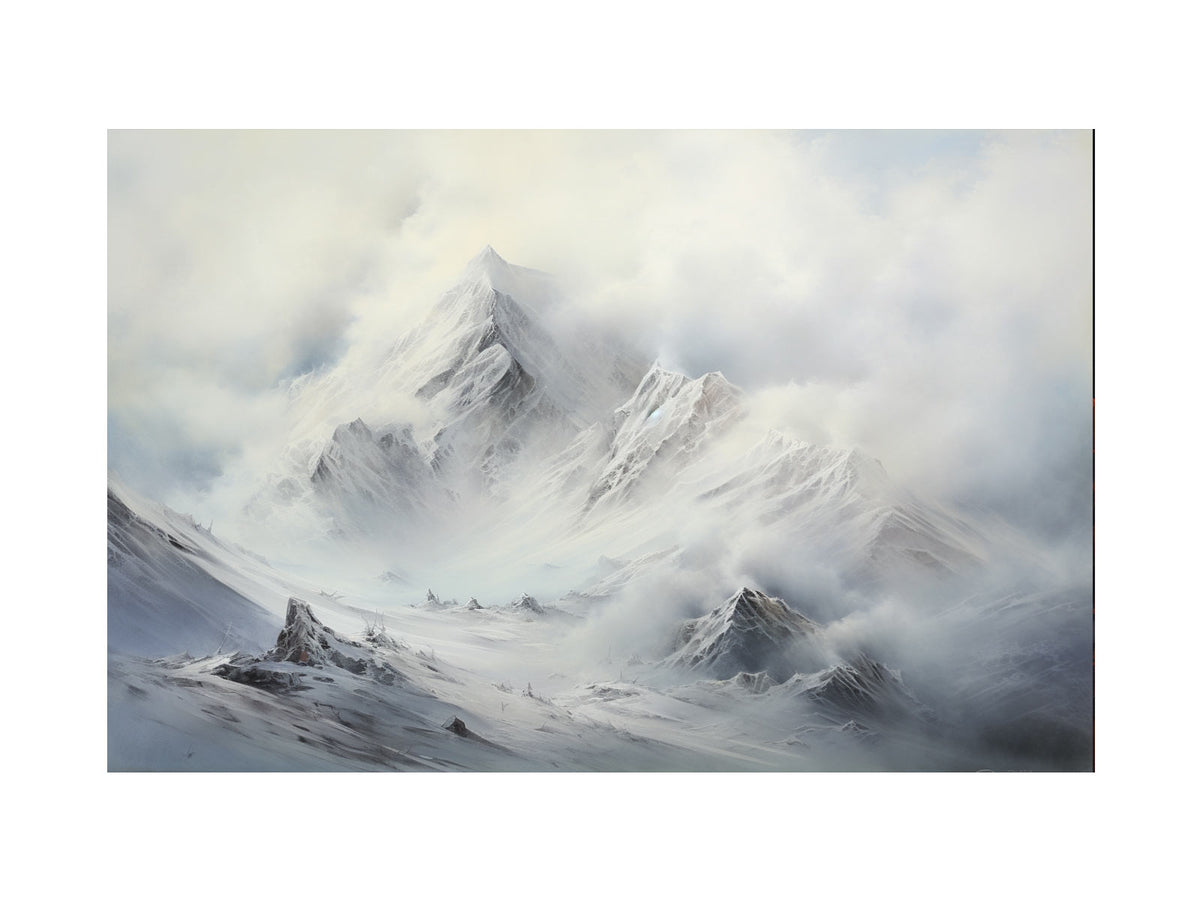 Misty white mountain canvas art for serene modern living room or bedroom decor.