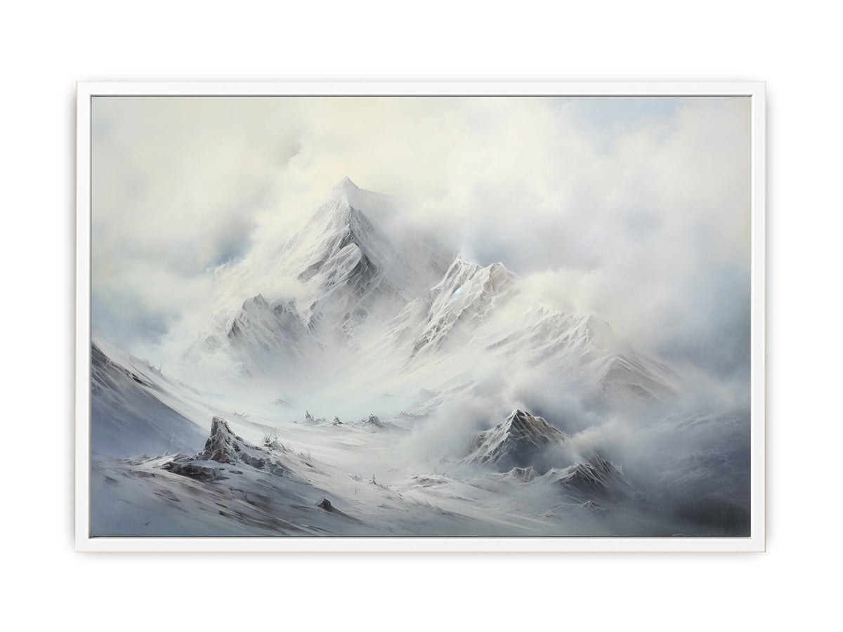 Misty white mountain canvas art for serene modern living room or bedroom decor.