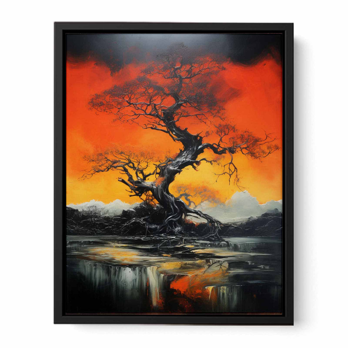 Dramatic black tree canvas art with orange sky for modern living room decor.