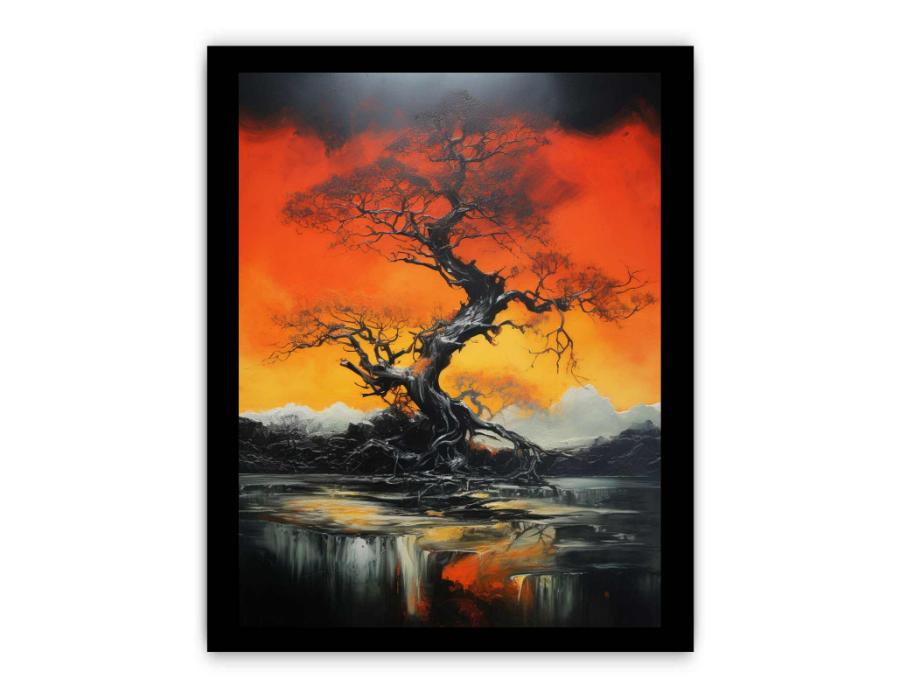 Dramatic black tree canvas art with orange sky for modern living room decor.