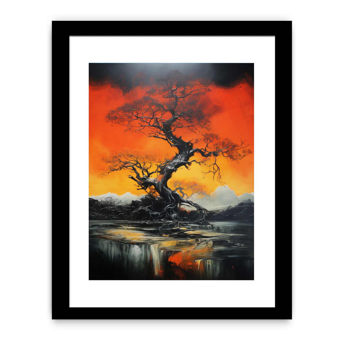 Dramatic black tree canvas art with orange sky for modern living room decor.