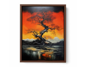 Dramatic black tree canvas art with orange sky for modern living room decor.