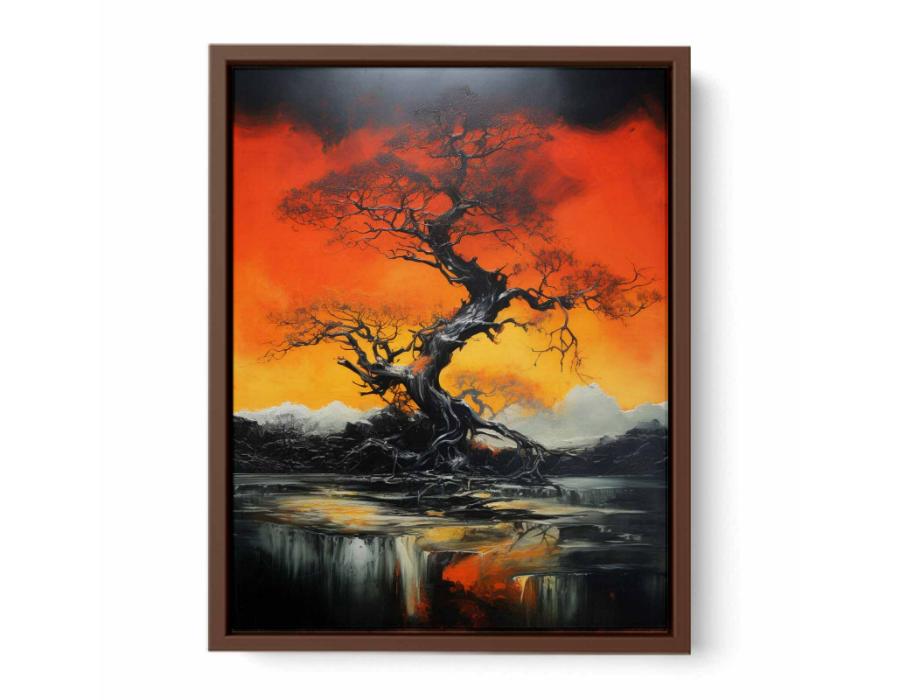 Dramatic black tree canvas art with orange sky for modern living room decor.