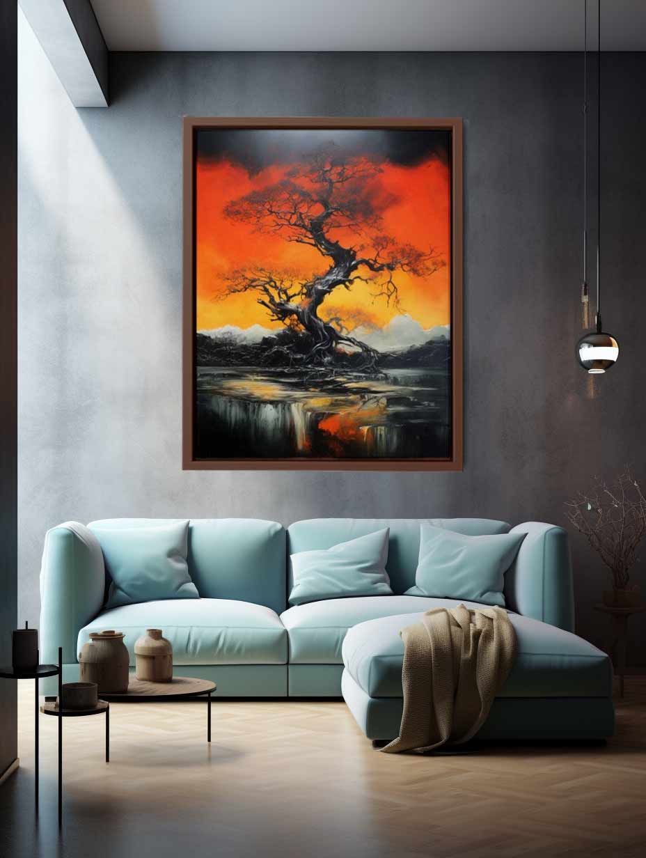 Dramatic black tree canvas art with orange sky for modern living room decor.