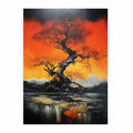 Dramatic black tree canvas art with orange sky for modern living room decor.