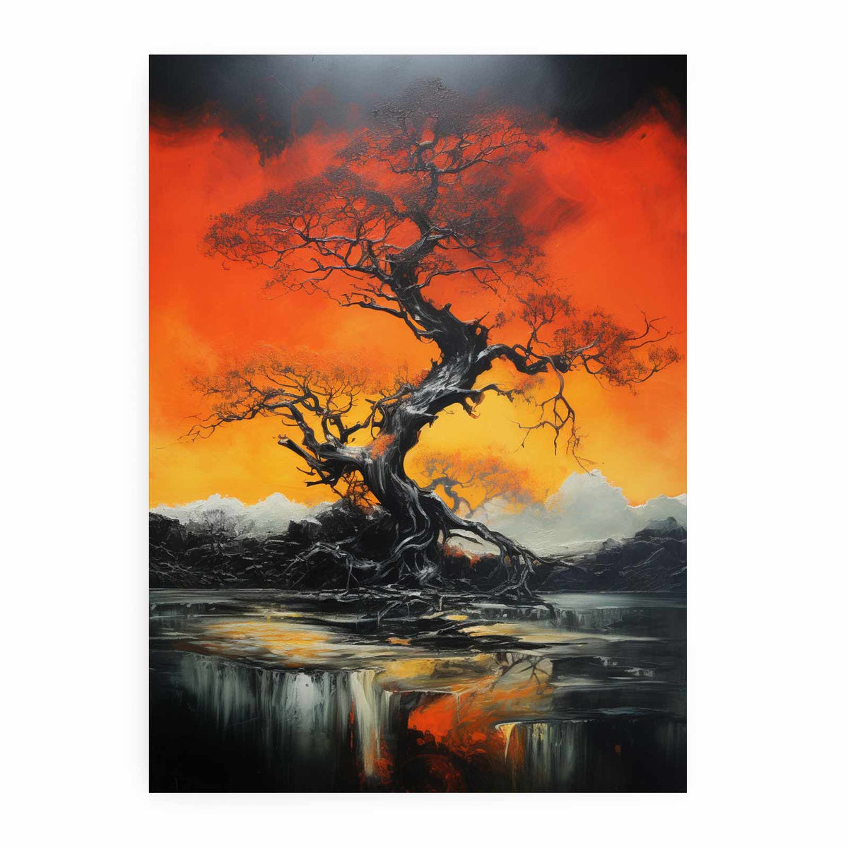 Dramatic black tree canvas art with orange sky for modern living room decor.
